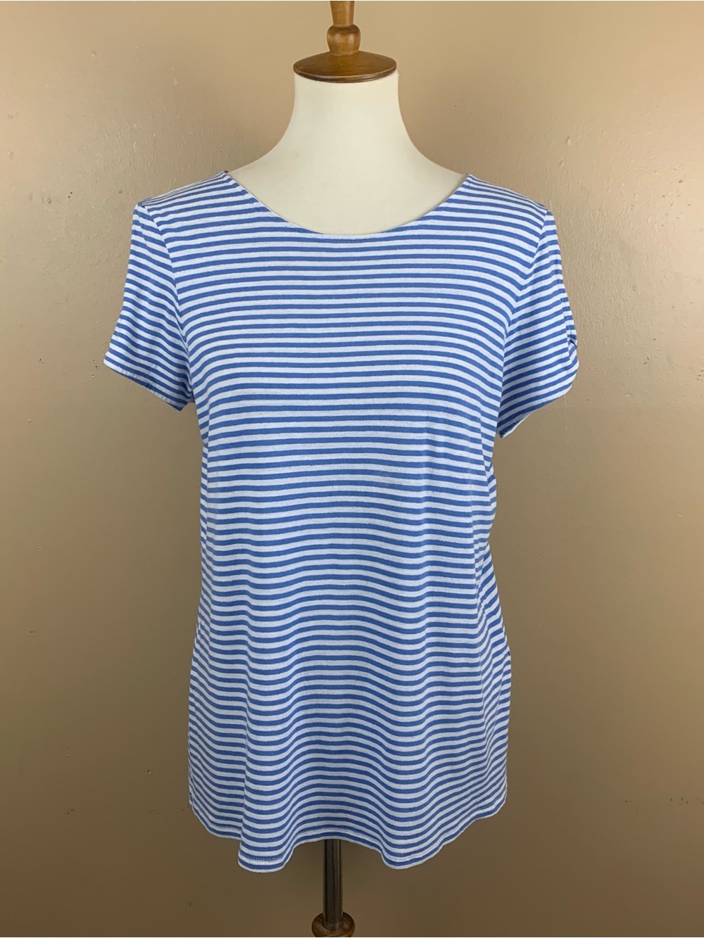 J Jill Love Linen Top Womens Medium Blue White Stripe Twist Sleeve Casual Blouse